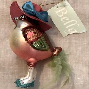 NWT Glass Blown Bird Christmas Ornament real tail feathers fabric hat